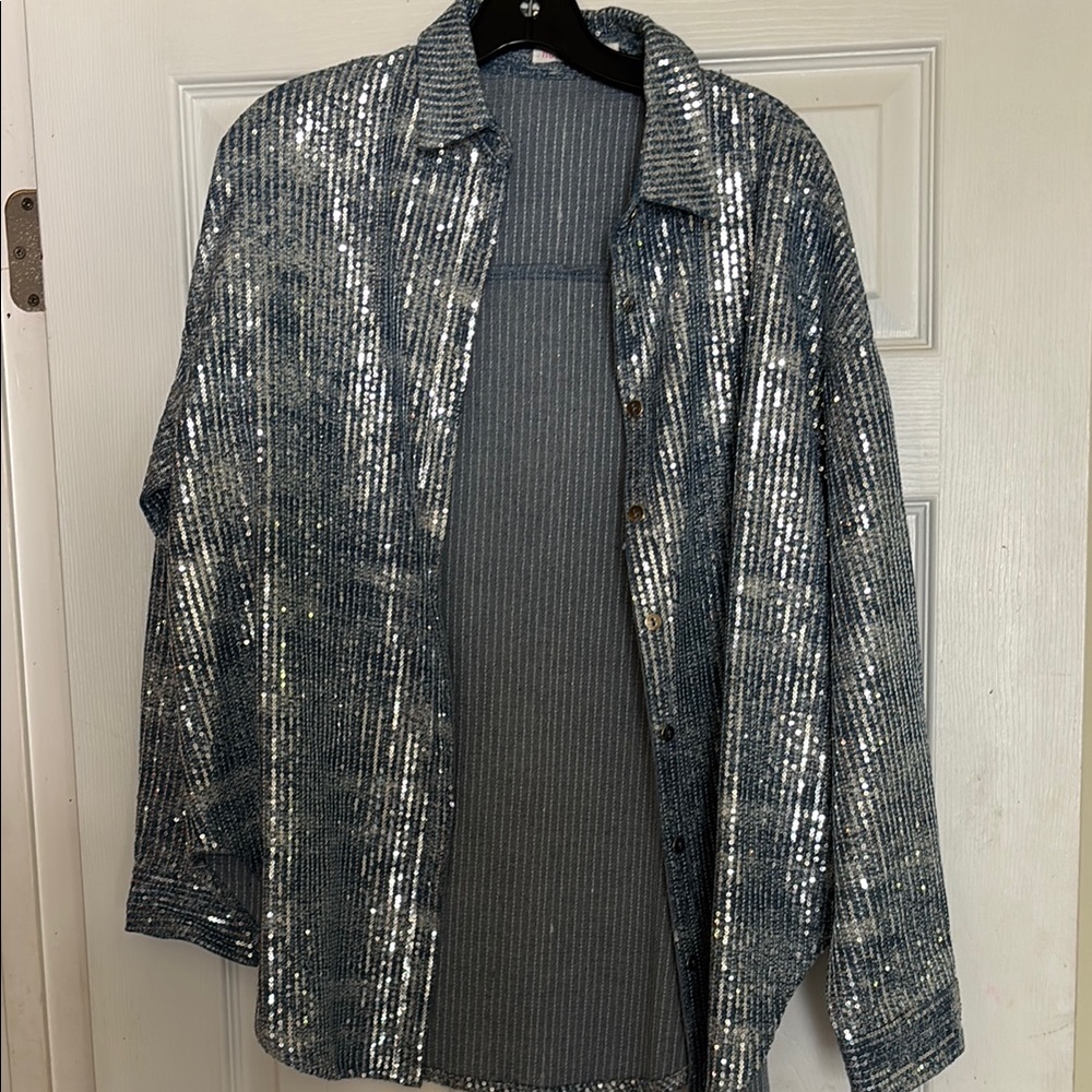 Sequin Button Down Shirt - Silver